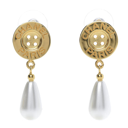 Chanel Metal Pearl Paris Button Drop Earrings Gold 1 of 5