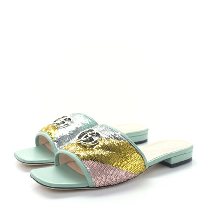 Gucci Sequin Satin Calfskin Matelasse GG Marmont Flat Slide Sandals 39.5 Grigio Argento Verde Chiaro Rosa Giallo Light Water Green 3 of 8