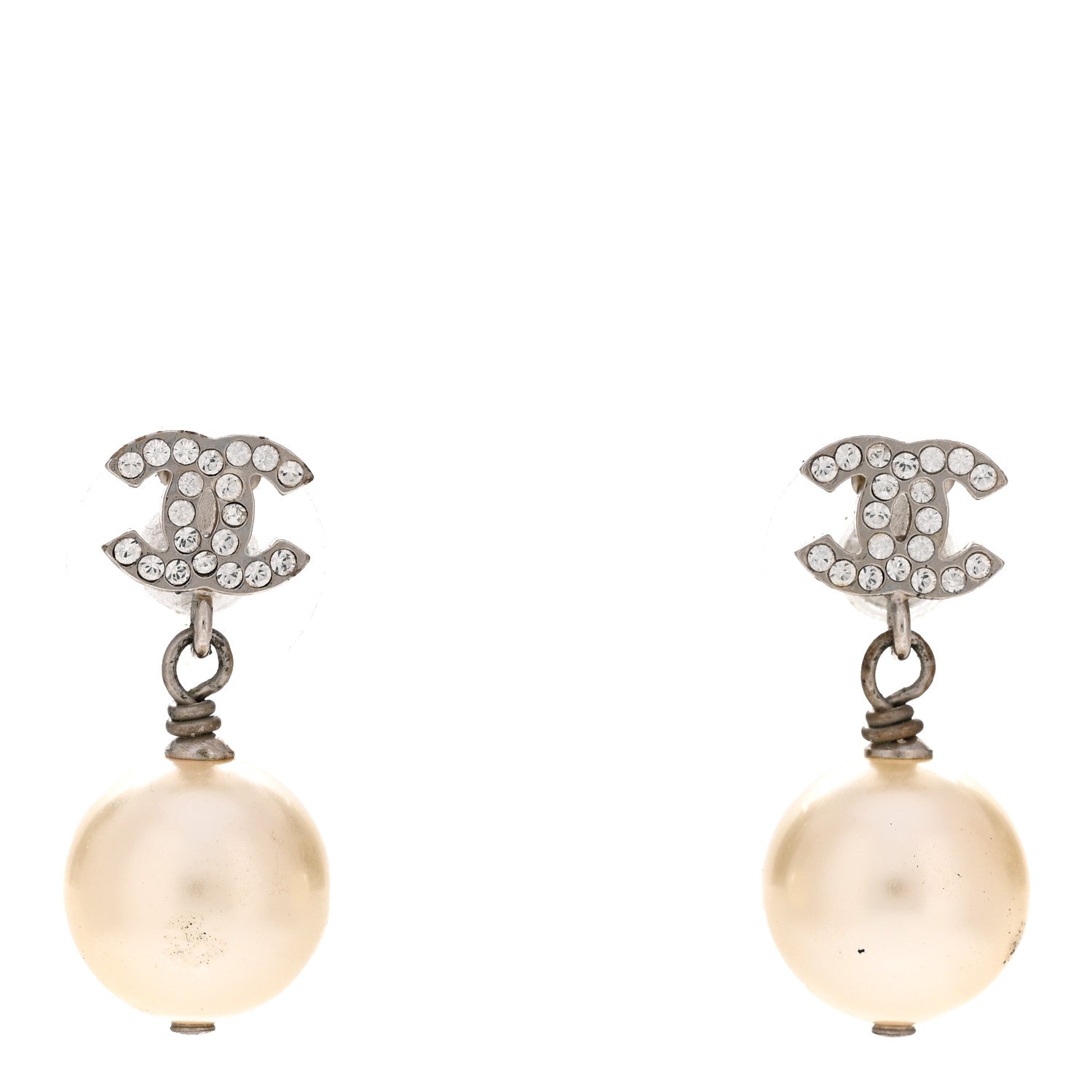 Chanel Crystal Pearl CC Drop Earrings Silver Pearly White 1 of 5