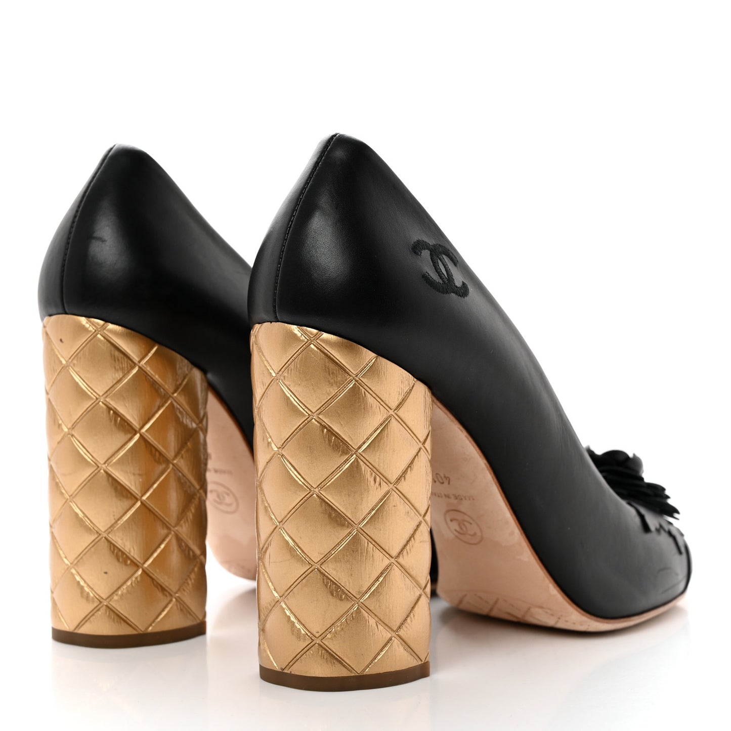 Calfskin Camellia High Pumps 40.5 Black Gold
