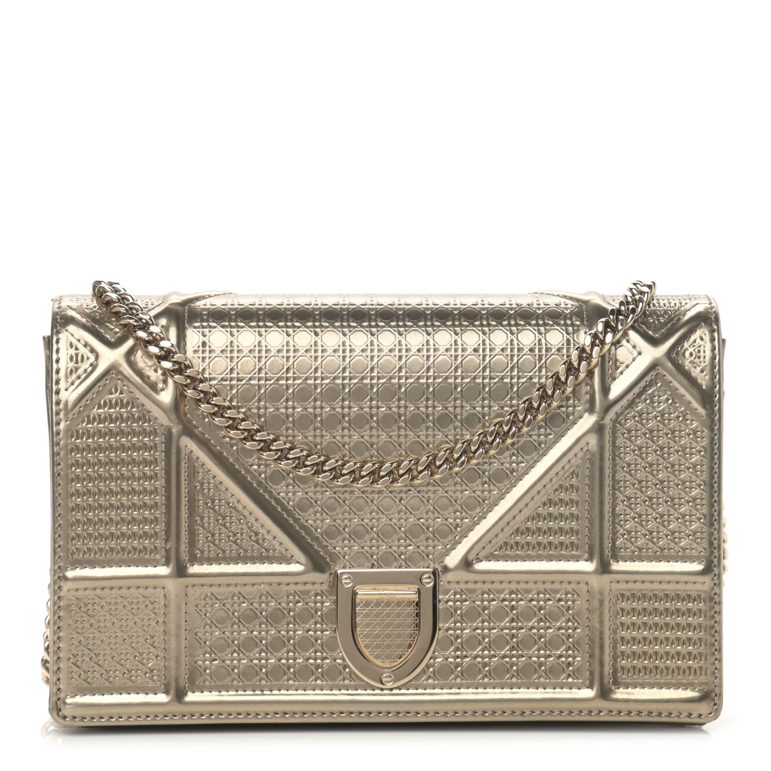 Christian Dior Metallic Patent Micro-Cannage Diorama Wallet on Chain Pouch Gold 1 of 14