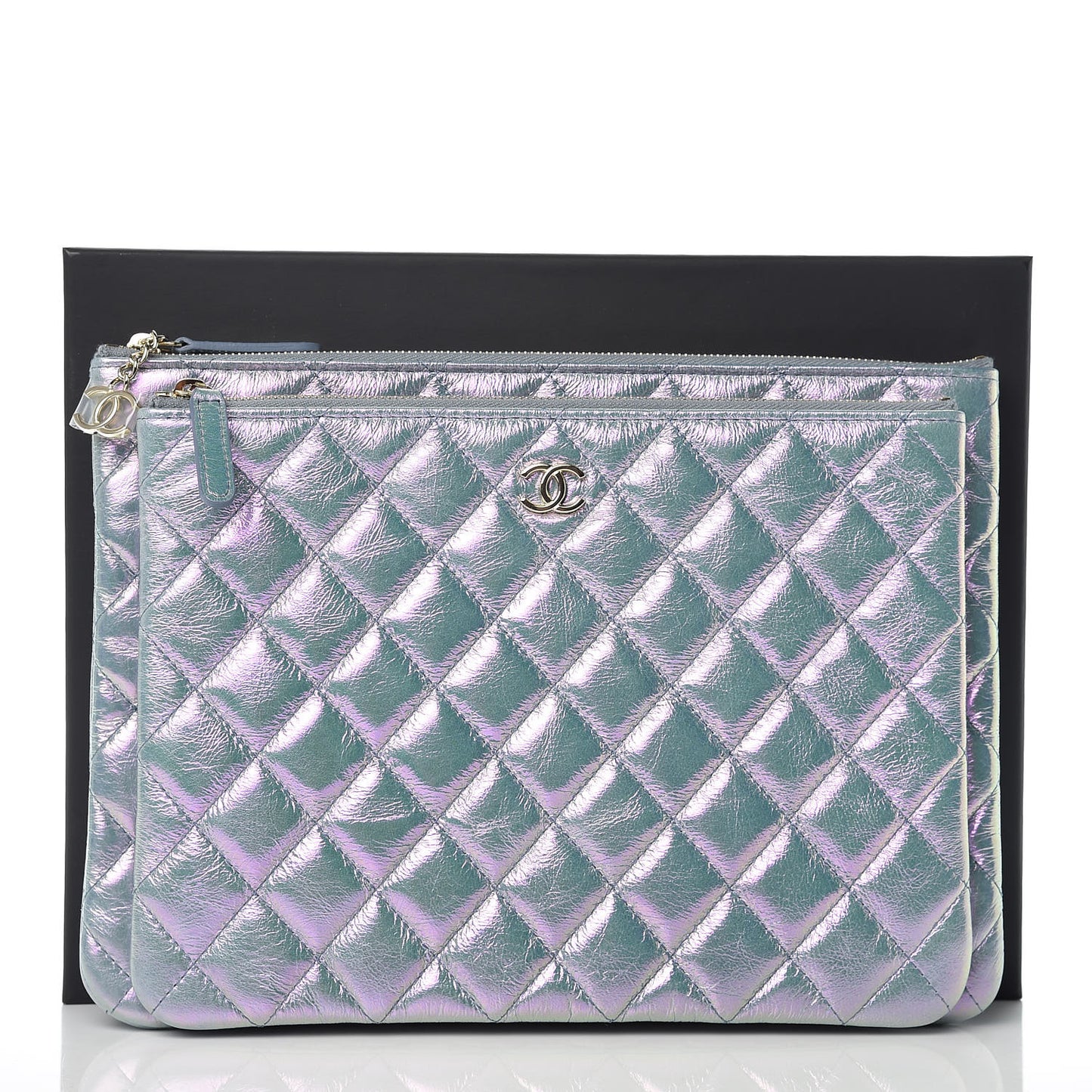 Iridescent Crumpled Lambskin Double Cosmetic Case Light Blue