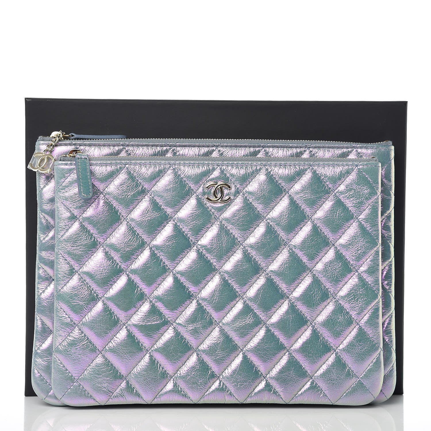 Chanel Iridescent Crumpled Lambskin Double Cosmetic Case Light Blue 14 of 15