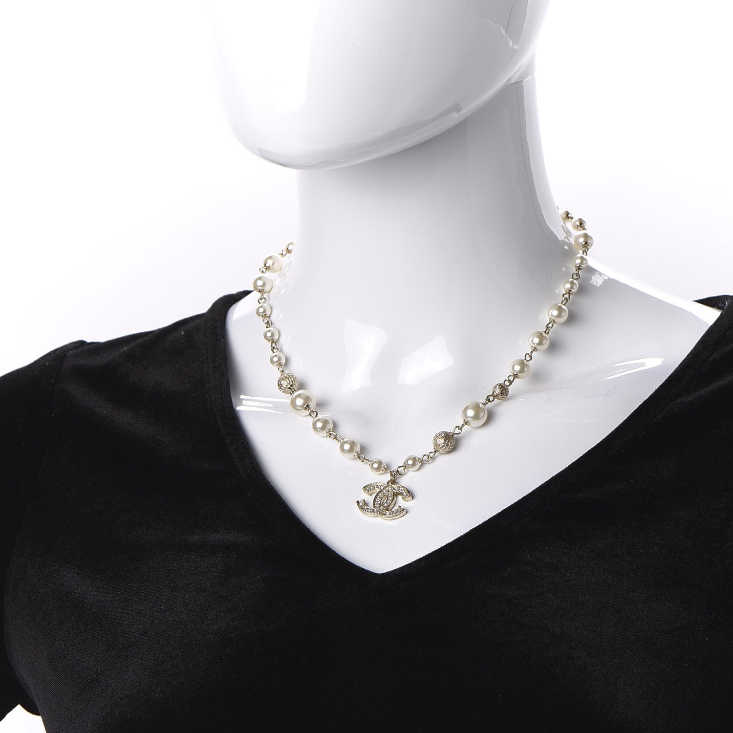 Chanel Strass Crystal Pearl Beaded CC Short Necklace Gold 2 of 6