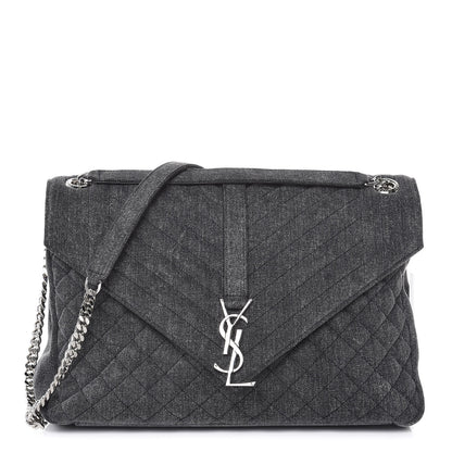 Saint Laurent Denim Mixed Matelasse Triquilt Large Monogram Envelope Satchel Black 1 of 9