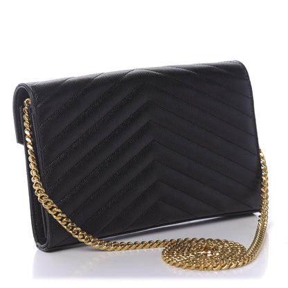 Saint Laurent Grain De Poudre Matelasse Chevron Monogram Chain Wallet Black 2 of 8