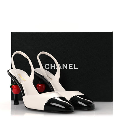 Chanel Lambskin Patent Cap Toe CC Apple Slingback Pumps 39 White Black 11 of 11