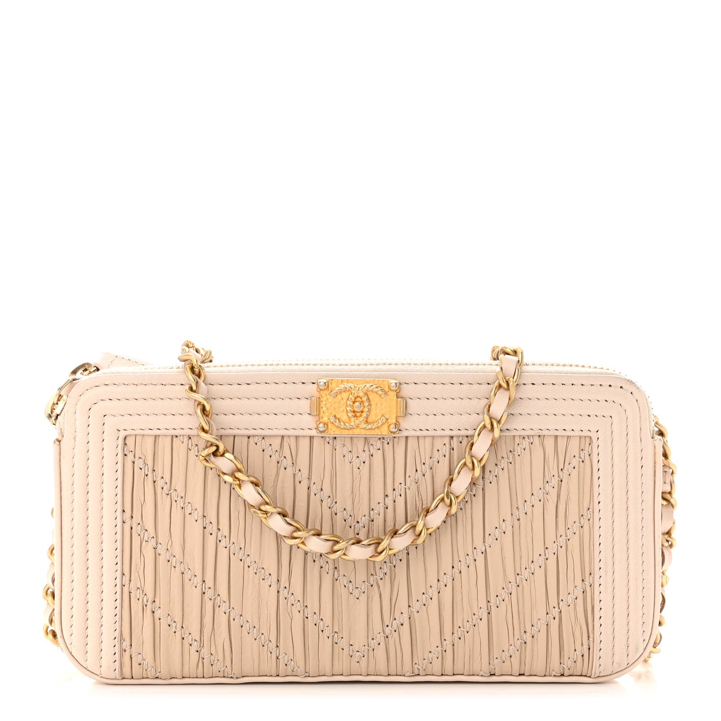Crumpled Lambskin Chevron Quilted Pleated Small Boy Clutch With Chain Beige