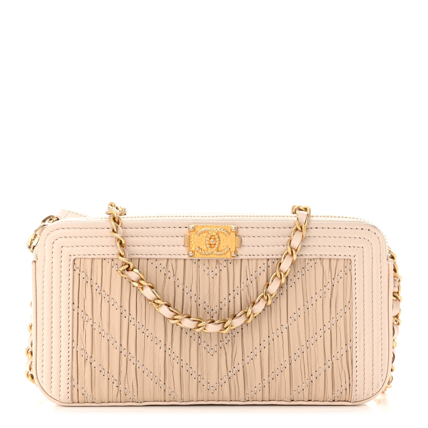 Chanel Crumpled Lambskin Chevron Quilted Pleated Small Boy Clutch With Chain Beige 1 of 13