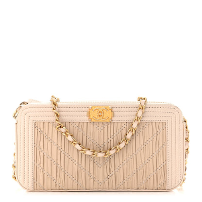 Chanel Crumpled Lambskin Chevron Quilted Pleated Small Boy Clutch With Chain Beige 1 of 13