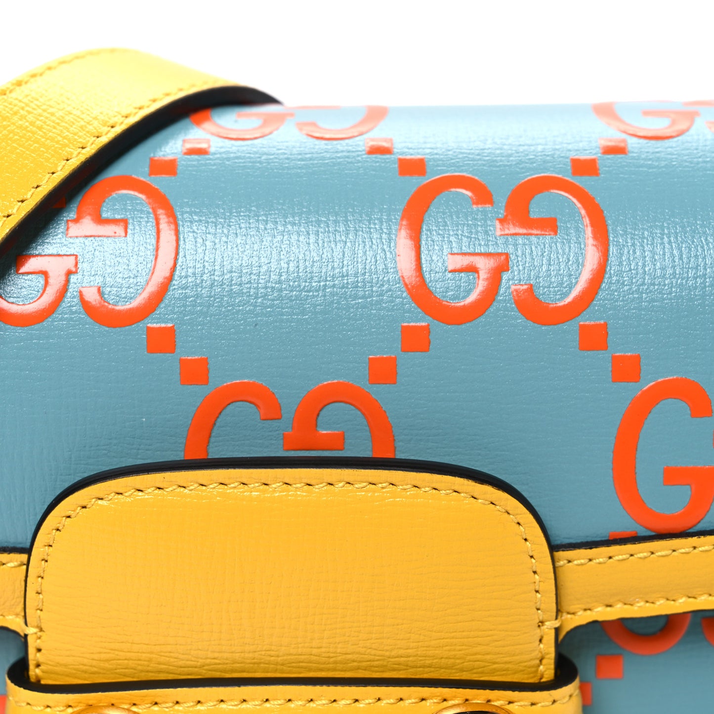 Azalea Calfskin GG Monogram Bi-Color Debossed Mini Horsebit 1955 Shoulder Bag Dusty Azure Stone Topaz Deep Orange
