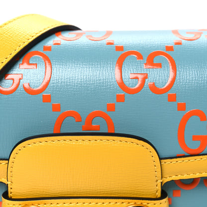 Gucci Azalea Calfskin GG Monogram Bi-Color Debossed Mini Horsebit 1955 Shoulder Bag Dusty Azure Stone Topaz Deep Orange 8 of 10