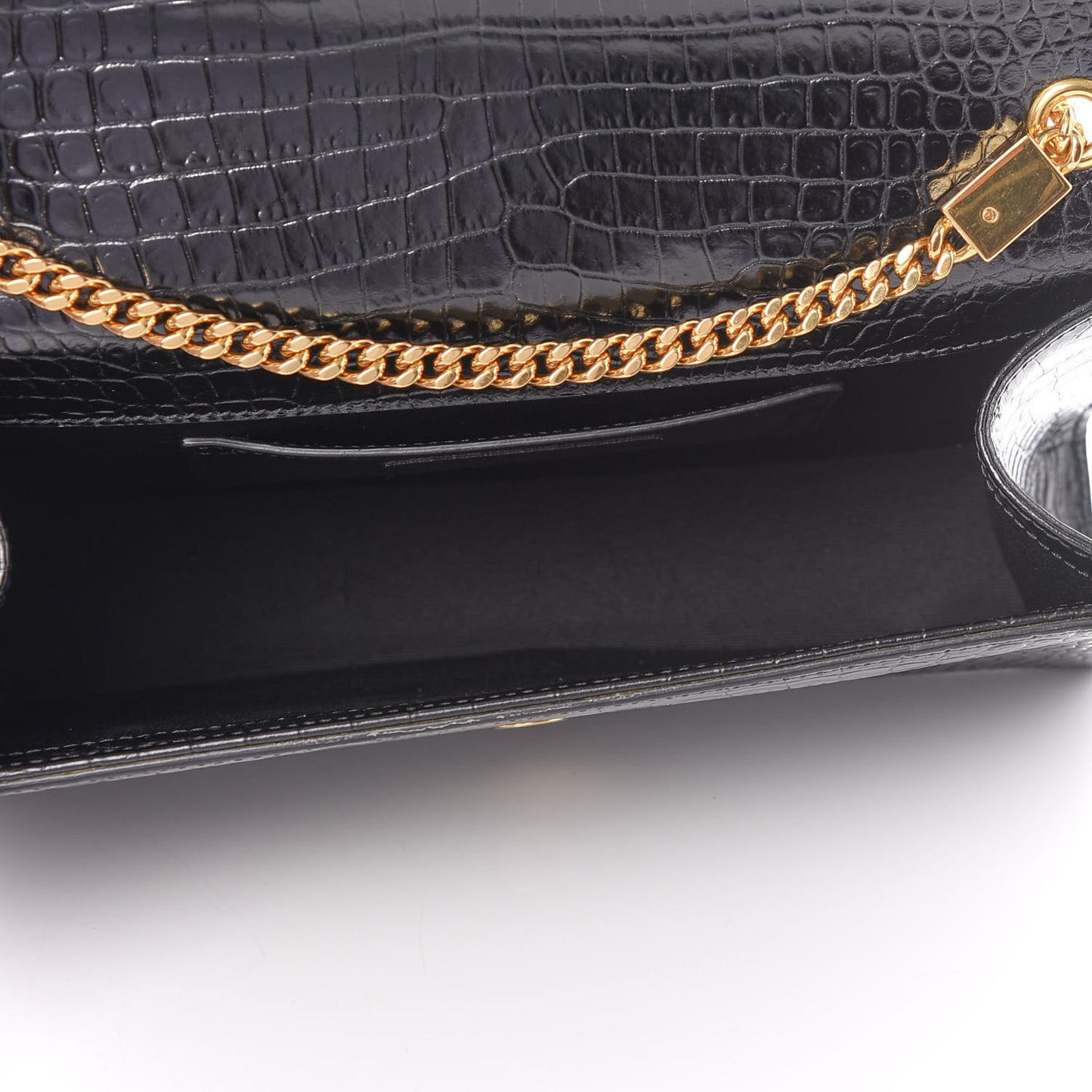 Calfskin Crocodile Embossed Medium Classic Monogram Kate Tassel Satchel Black