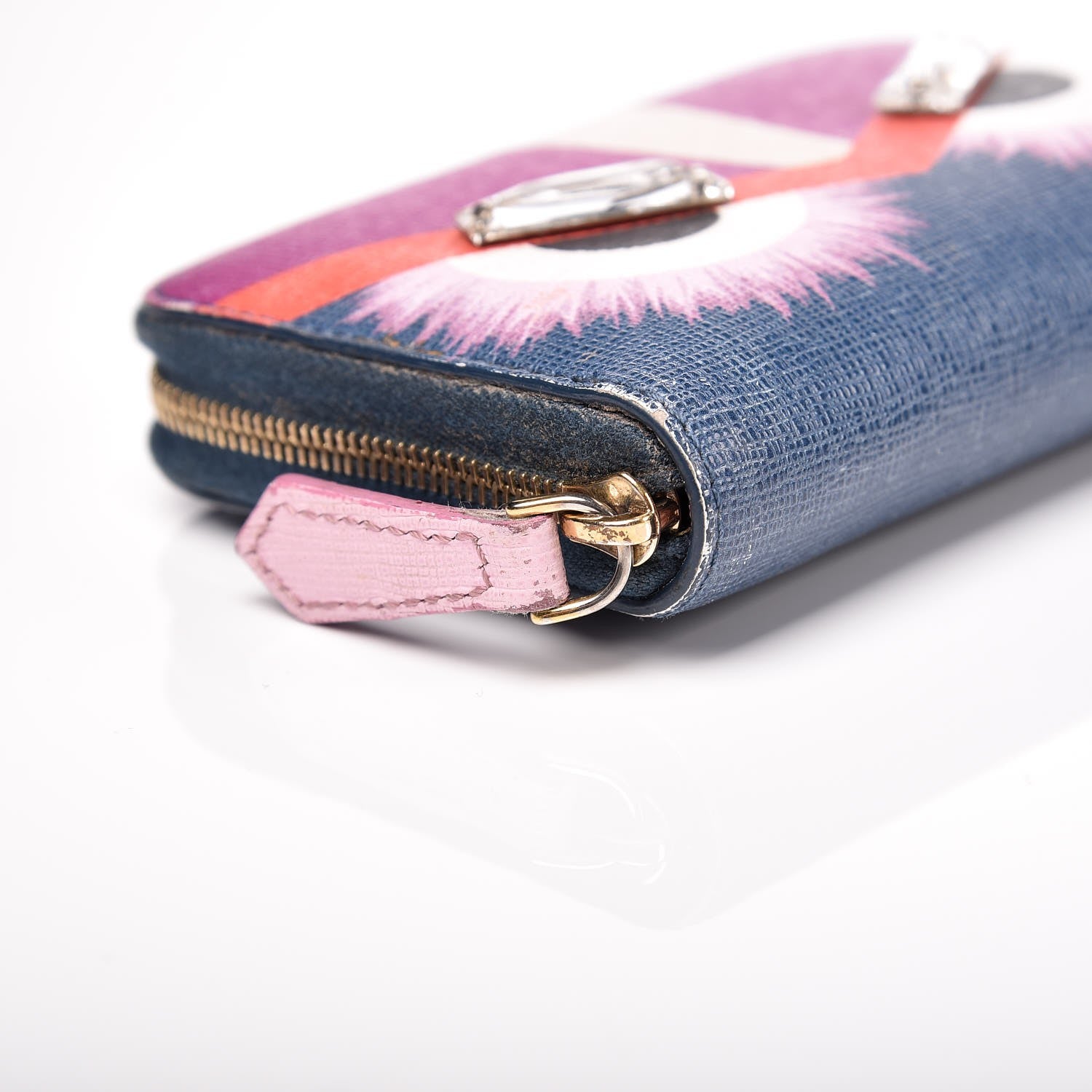 Fendi Vitello Elite Crystal Eye Monster Mini Zip Around Wallet Cobalt Lavender Pink 10 of 13