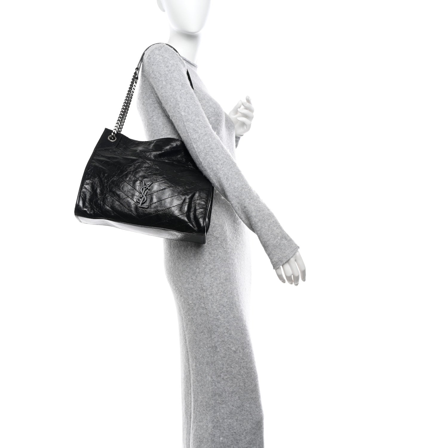 Saint Laurent Crinkled Calfskin Matelasse Monogram Medium Niki Shopper Tote Black 2 of 9