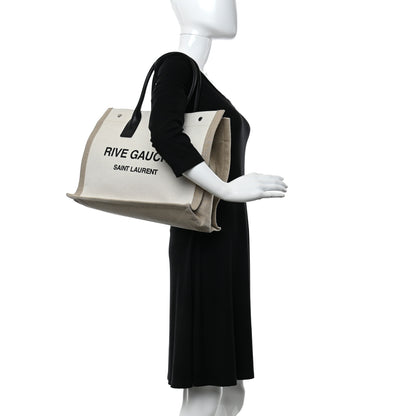 Saint Laurent Linen Calfskin Small Rive Gauche Tote Greggio Natural 2 of 11