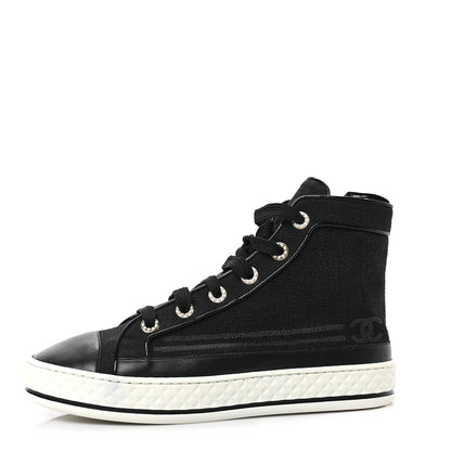 Chanel Fabric Lambskin Lace Up Cap Toe Sneakers 36.5 Black 1 of 8
