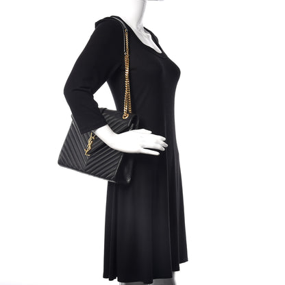 Saint Laurent Smooth Calfskin Matelasse Chevron Large Monogram Satchel Black 2 of 11