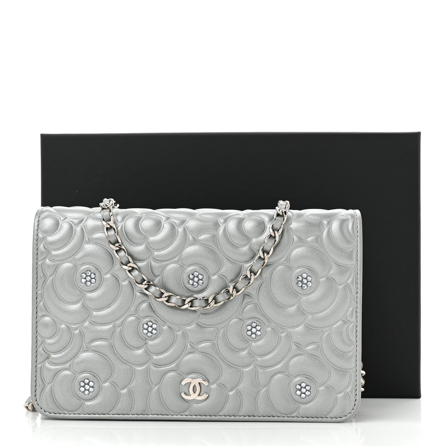 Metallic Lambskin Camellia Crystal Wallet on Chain WOC Silver