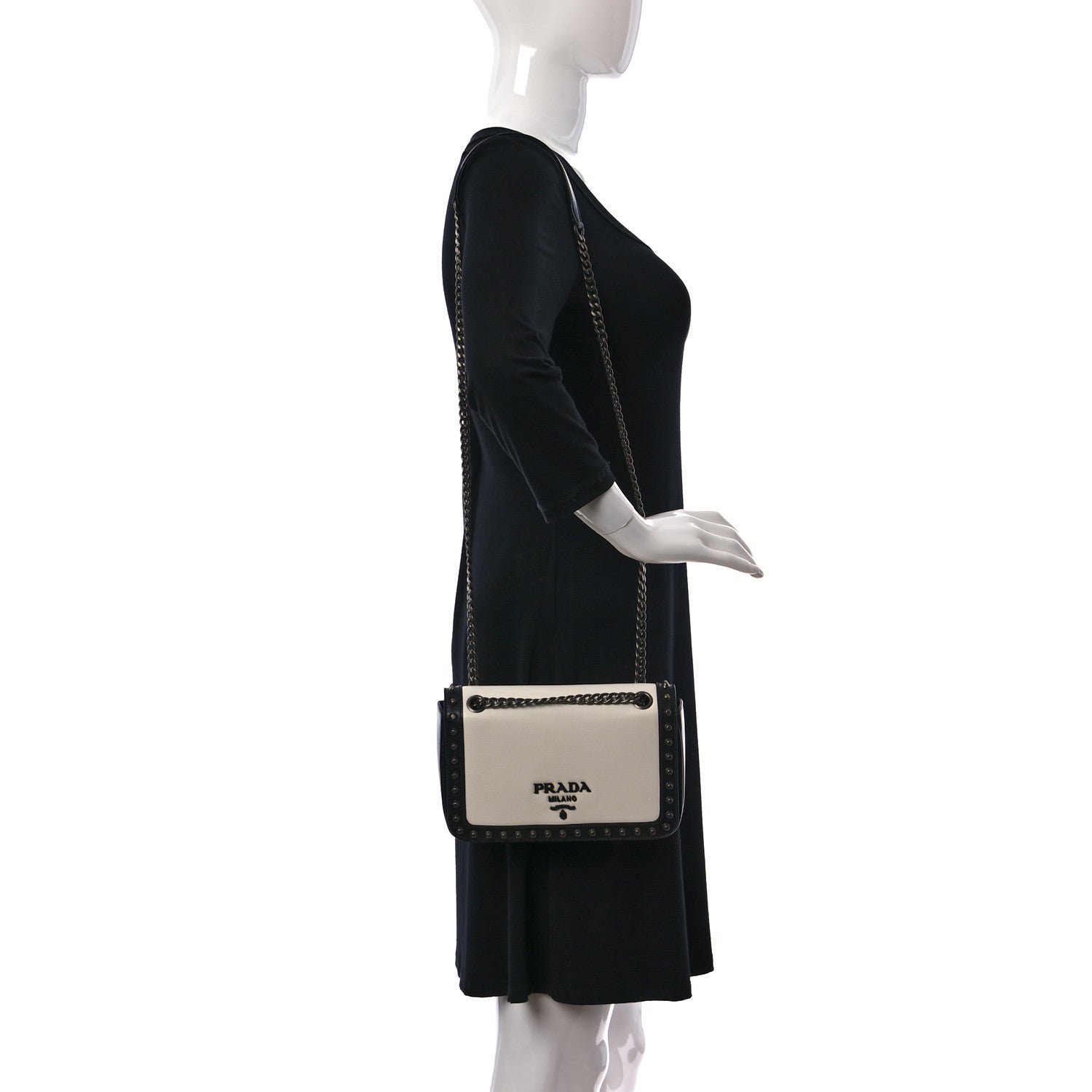 Prada Glace Calfskin Studded Crossbody White Black 2 of 10