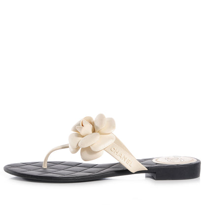 Chanel Jelly Quilted Camellia Thong Sandals 40 Black White 1 of 6