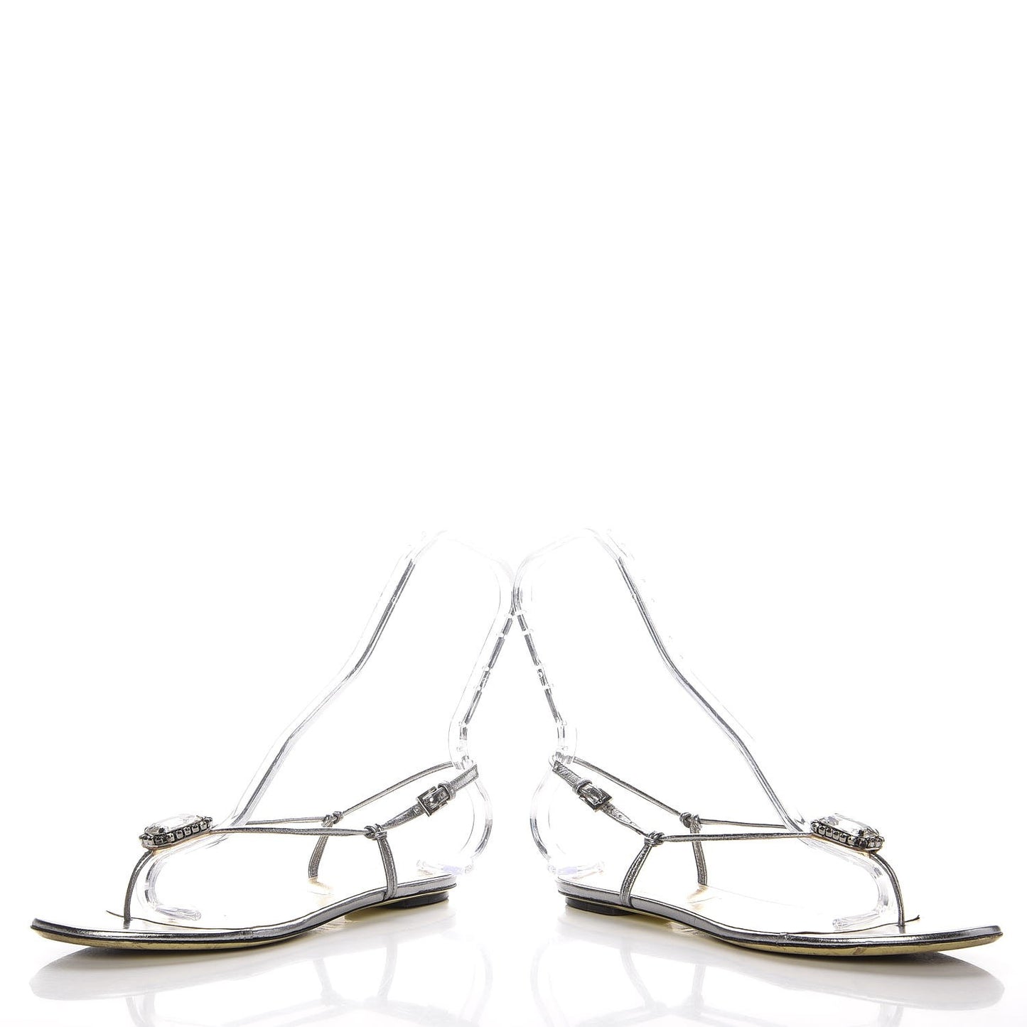 Metallic Vitello Crystal Slingback Flat Thong Sandals 38.5 Silver