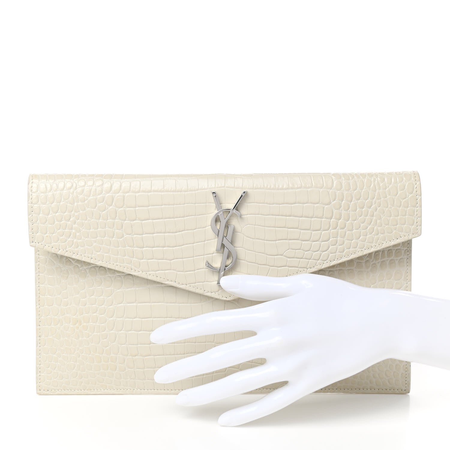 Saint Laurent Calfskin Crocodile Embossed Uptown Monogram Pouch Crema Soft 2 of 7
