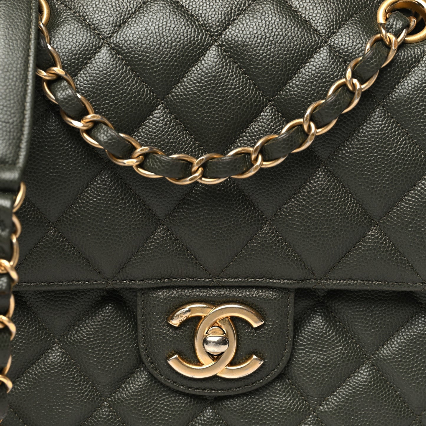 Caviar Quilted Zip Flap Khaki