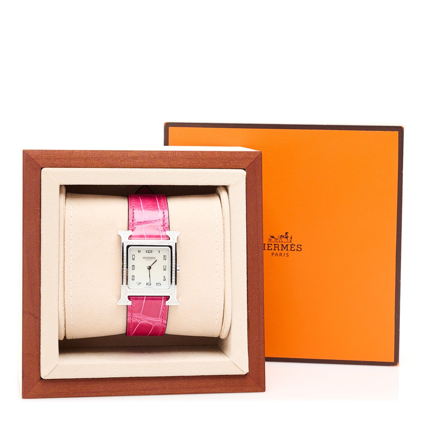 Hermes Stainless Steel Alligator Diamond Bezel Mother of Pearl 26mm Heure H Hour Quartz Watch Framboise 5 of 5