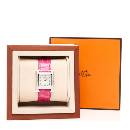 Hermes Stainless Steel Alligator Diamond Bezel Mother of Pearl 26mm Heure H Hour Quartz Watch Framboise 5 of 5