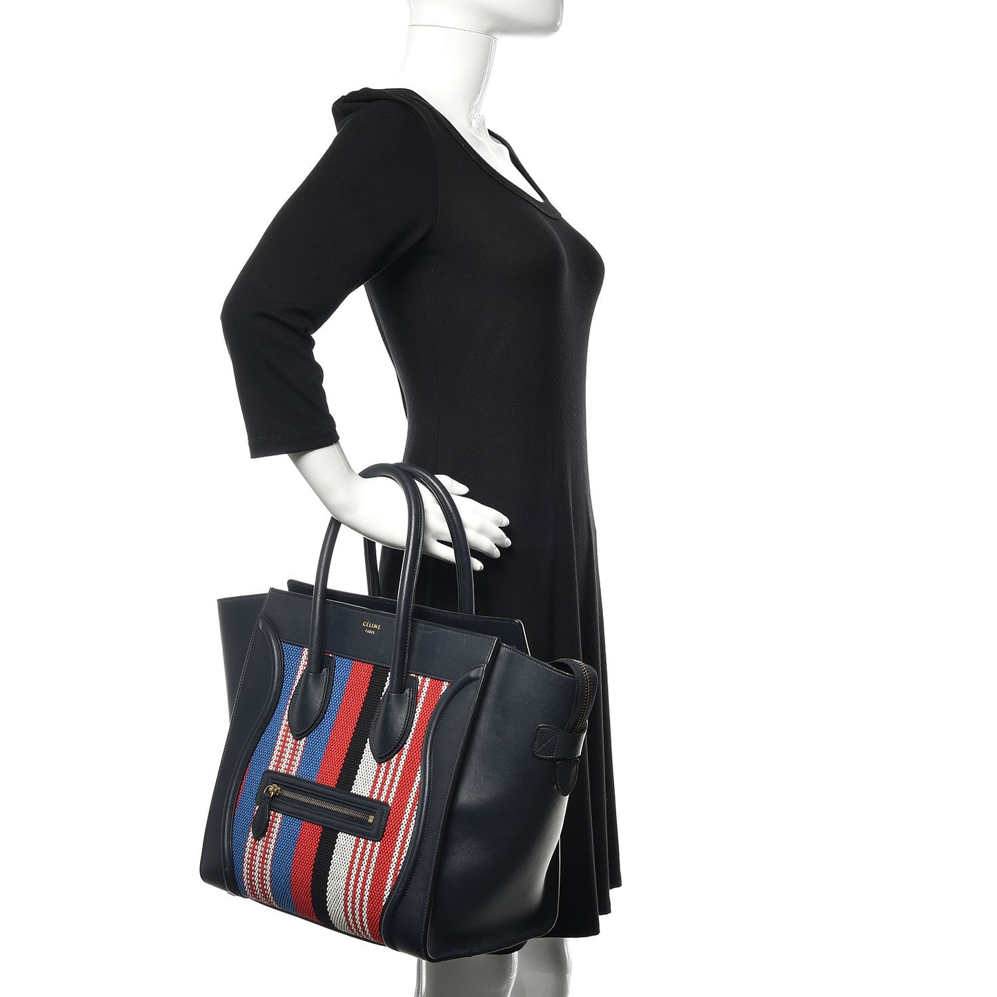 Smooth Calfskin Striped Cotton Canvas Mini Luggage Navy Blue