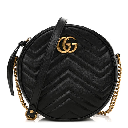Gucci Azalea Calfskin Matelasse Heart Mini GG Marmont Round Shoulder Bag Black 1 of 12
