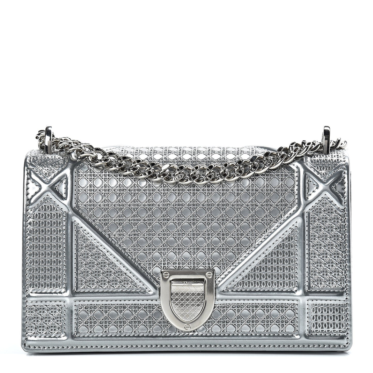 Metallic Patent Micro-Cannage Mini Diorama Flap Bag Silver
