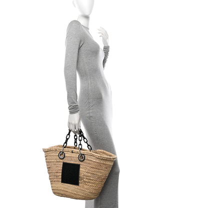 Loewe Raffia Calfskin Medium Chain Basket Tote Bag Natural Black 2 of 8