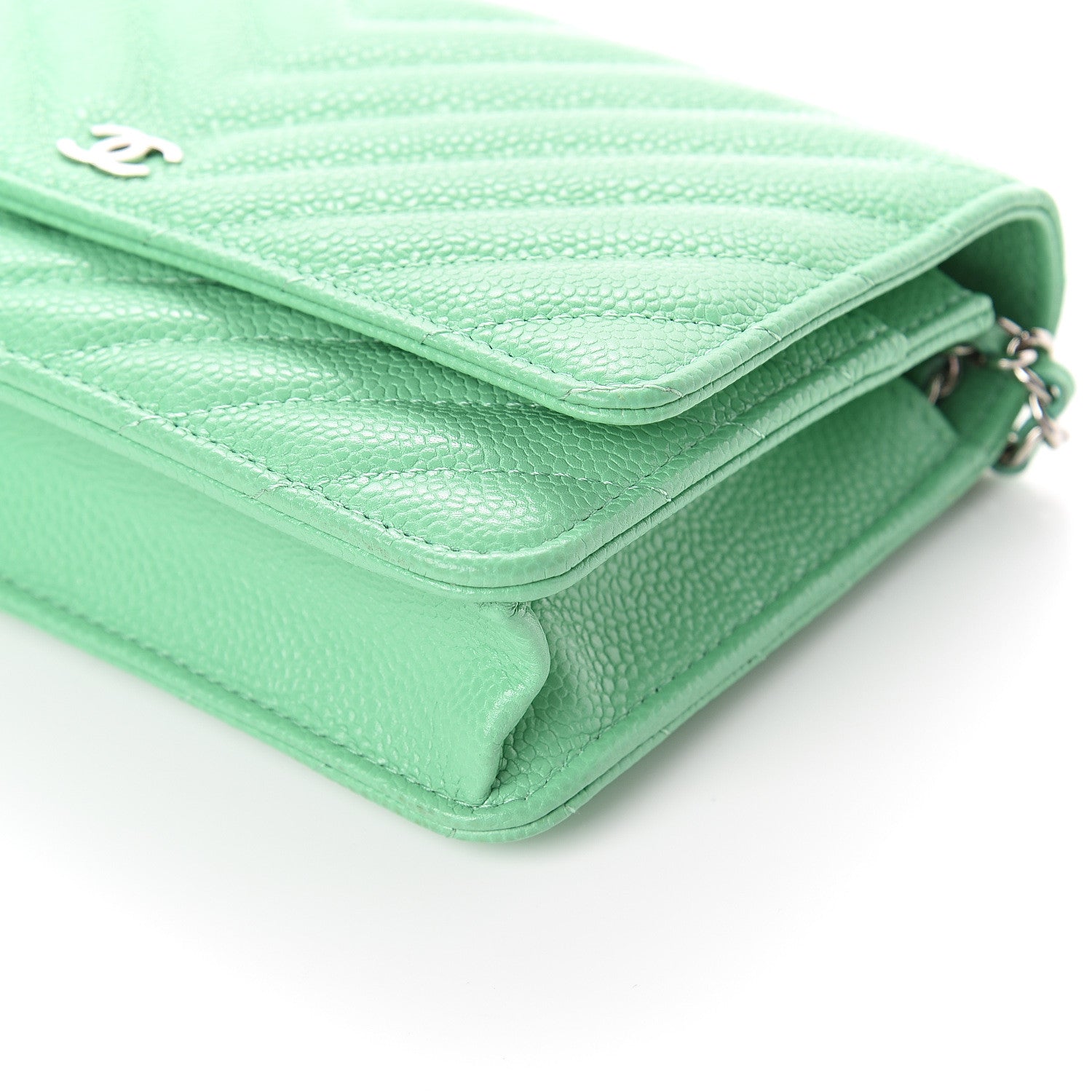 Chanel Caviar Chevron Quilted Wallet On Chain WOC Green 9 of 9