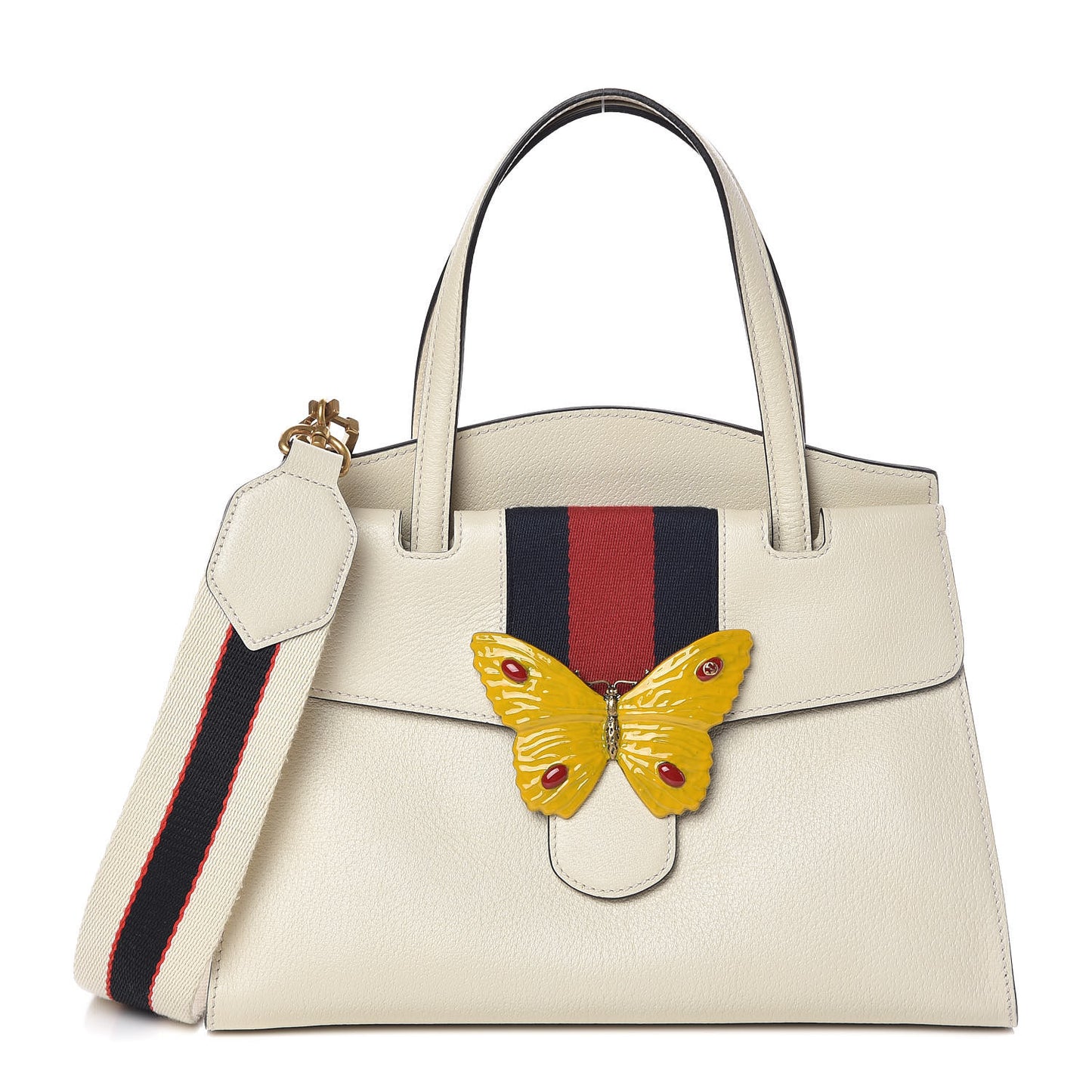 Grained Calfskin Web Stripe Butterfly Medium Totem Top Handle Bag White