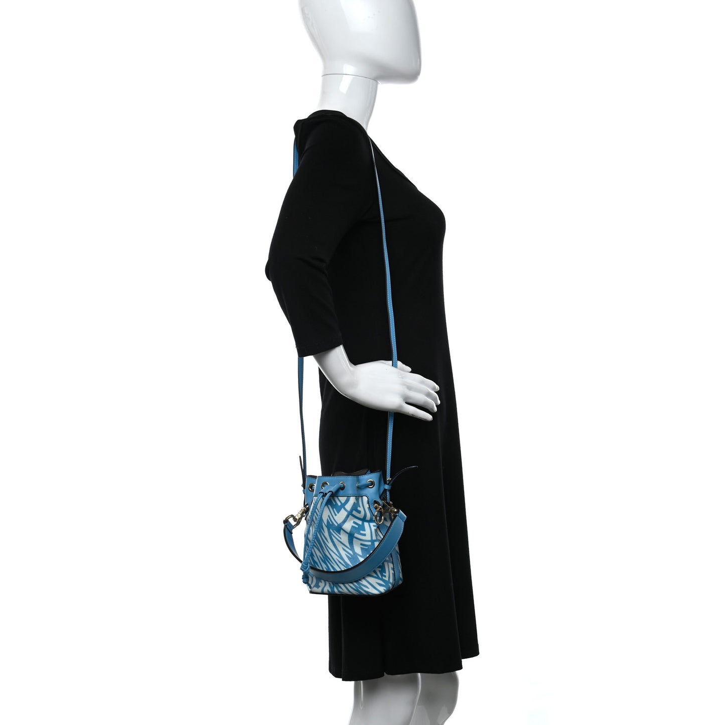 X SARAH COLEMAN Glazed Canvas Vitello King F is Fendi FF Vertigo Mini Mon Tresor Bucket Bag Cyber Blue White