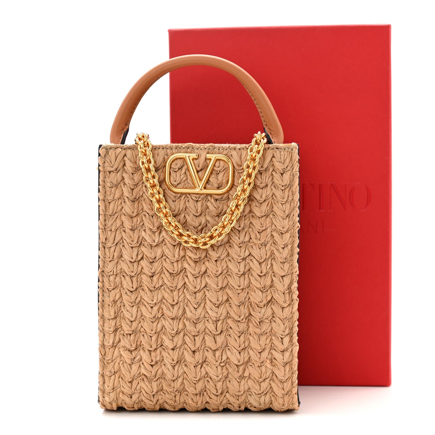 Raffia Calfskin Vlogo Top Handle Bag Naturale Light Brown