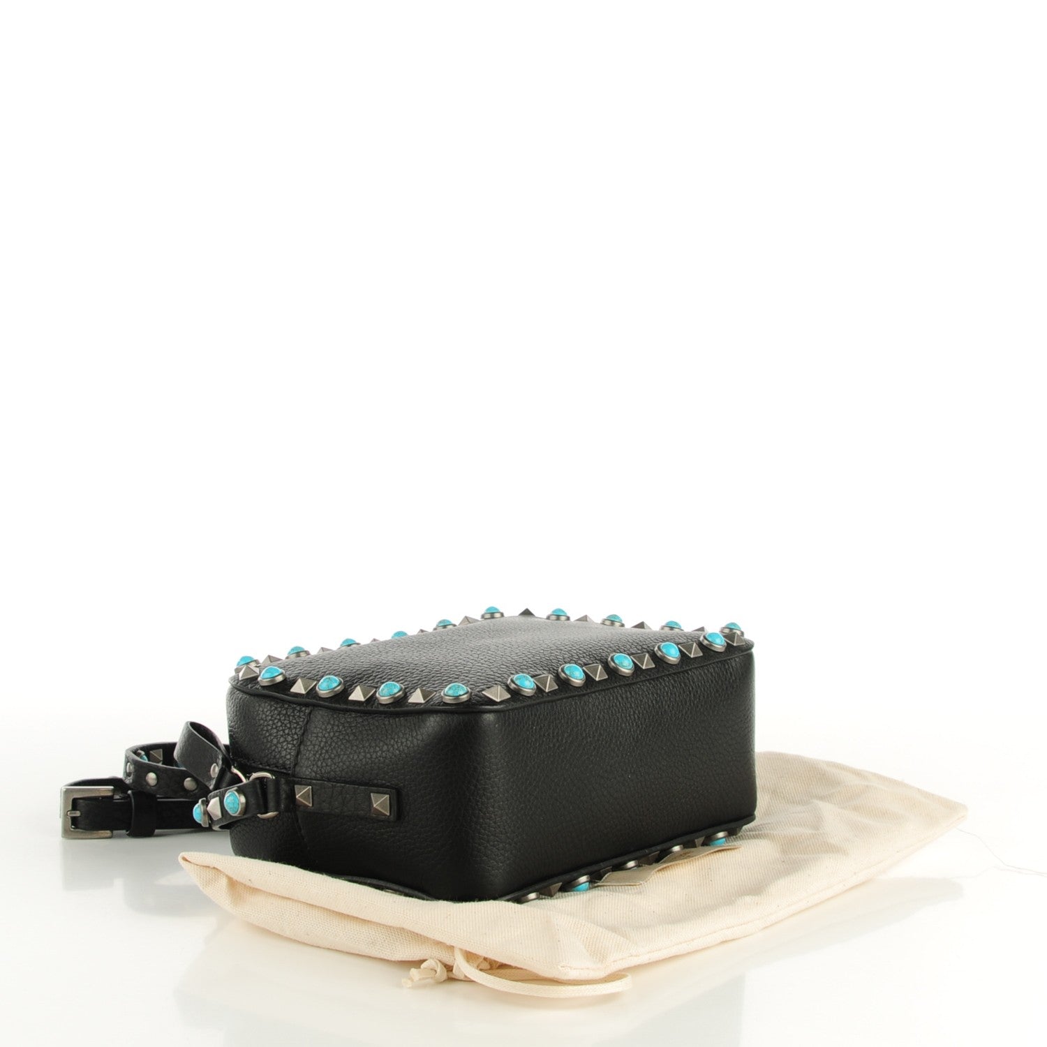 Valentino Garavani Grained Calfskin Turquoise Rockstud Rolling Camera Crossbody Bag Black 4 of 7