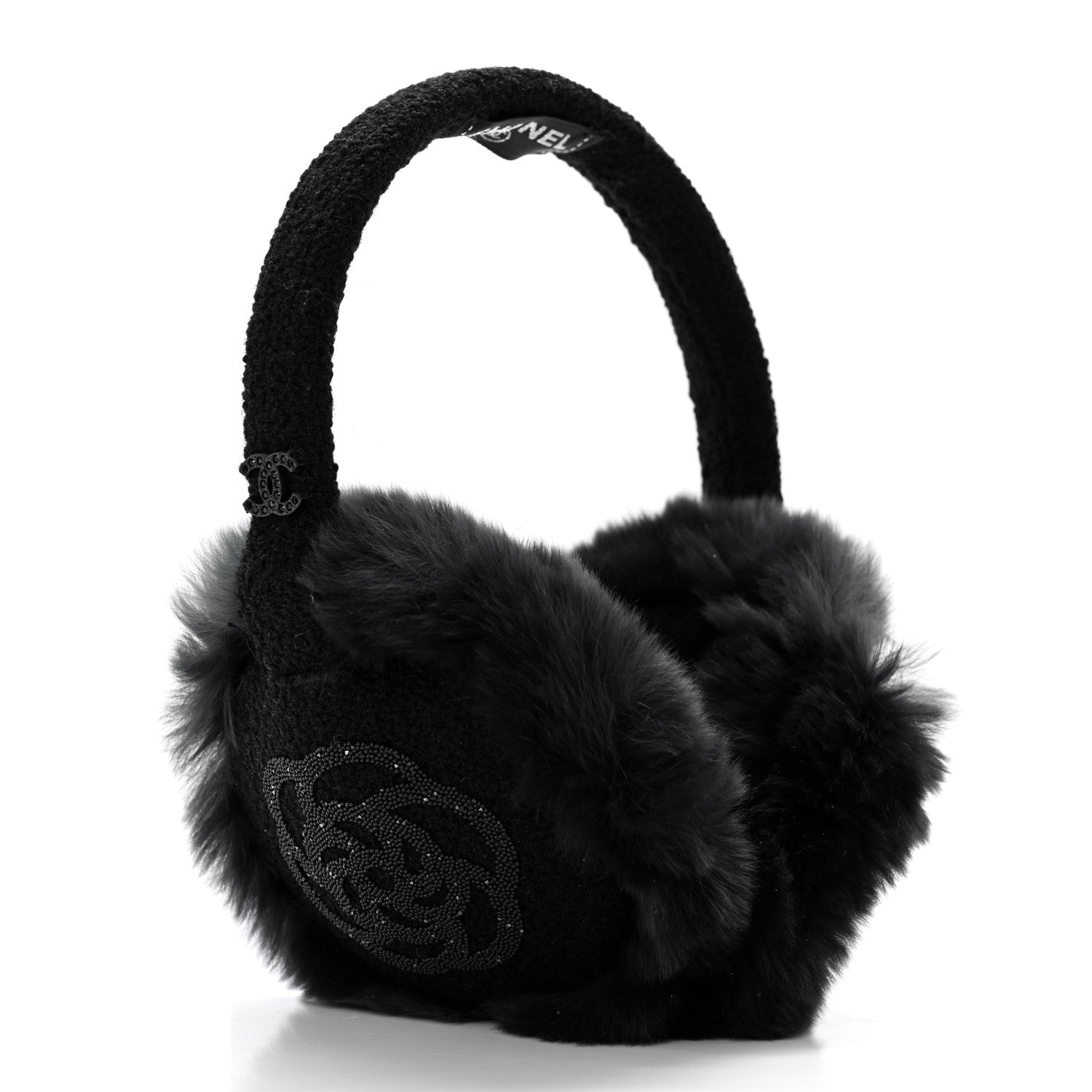 Chanel Rabbit Fur Tweed Cameilla Ear Muffs Black Grey 3 of 7