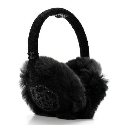Chanel Rabbit Fur Tweed Cameilla Ear Muffs Black Grey 3 of 7