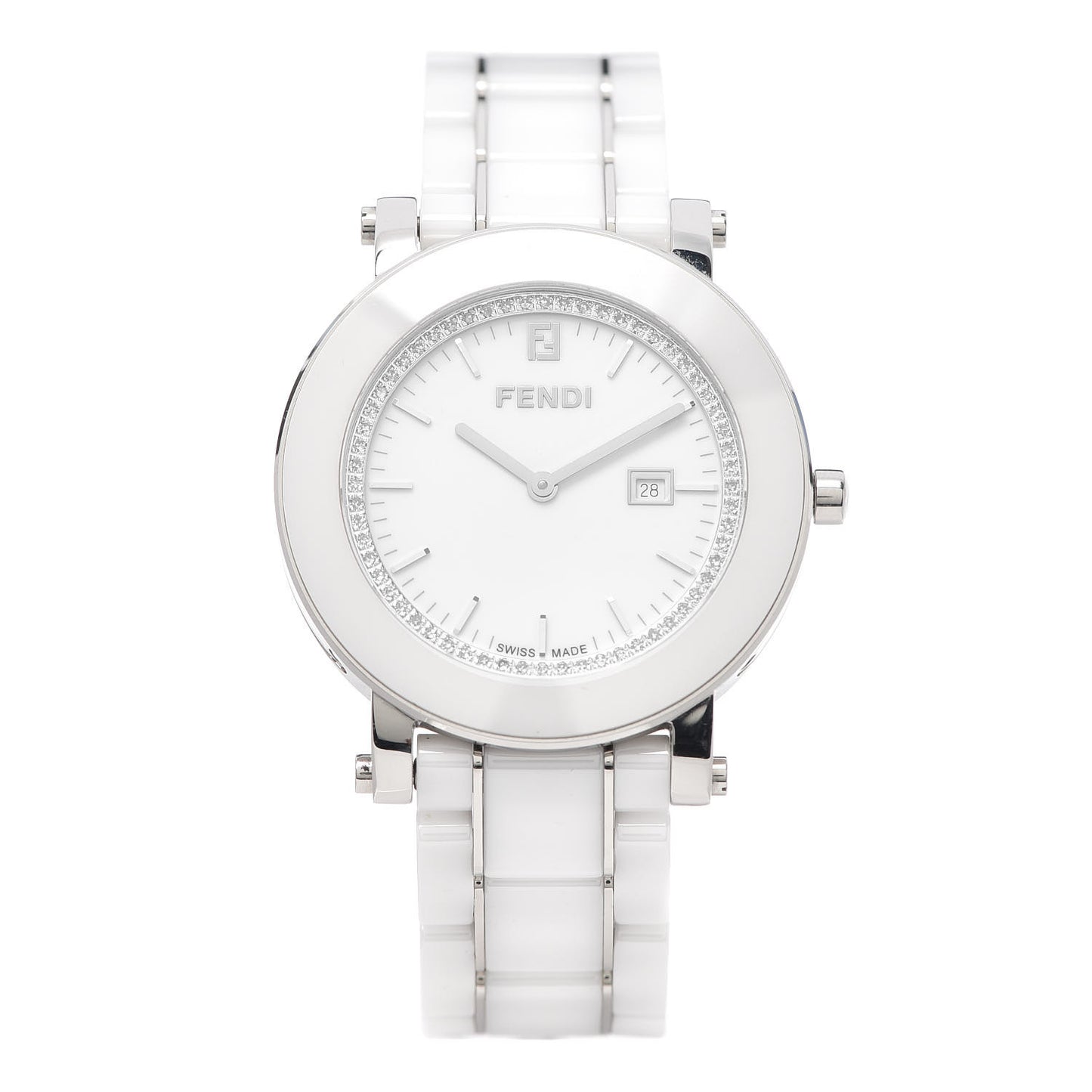 Stainless Steel Ceramic Diamond Bezel 38mm Round Quartz Watch White