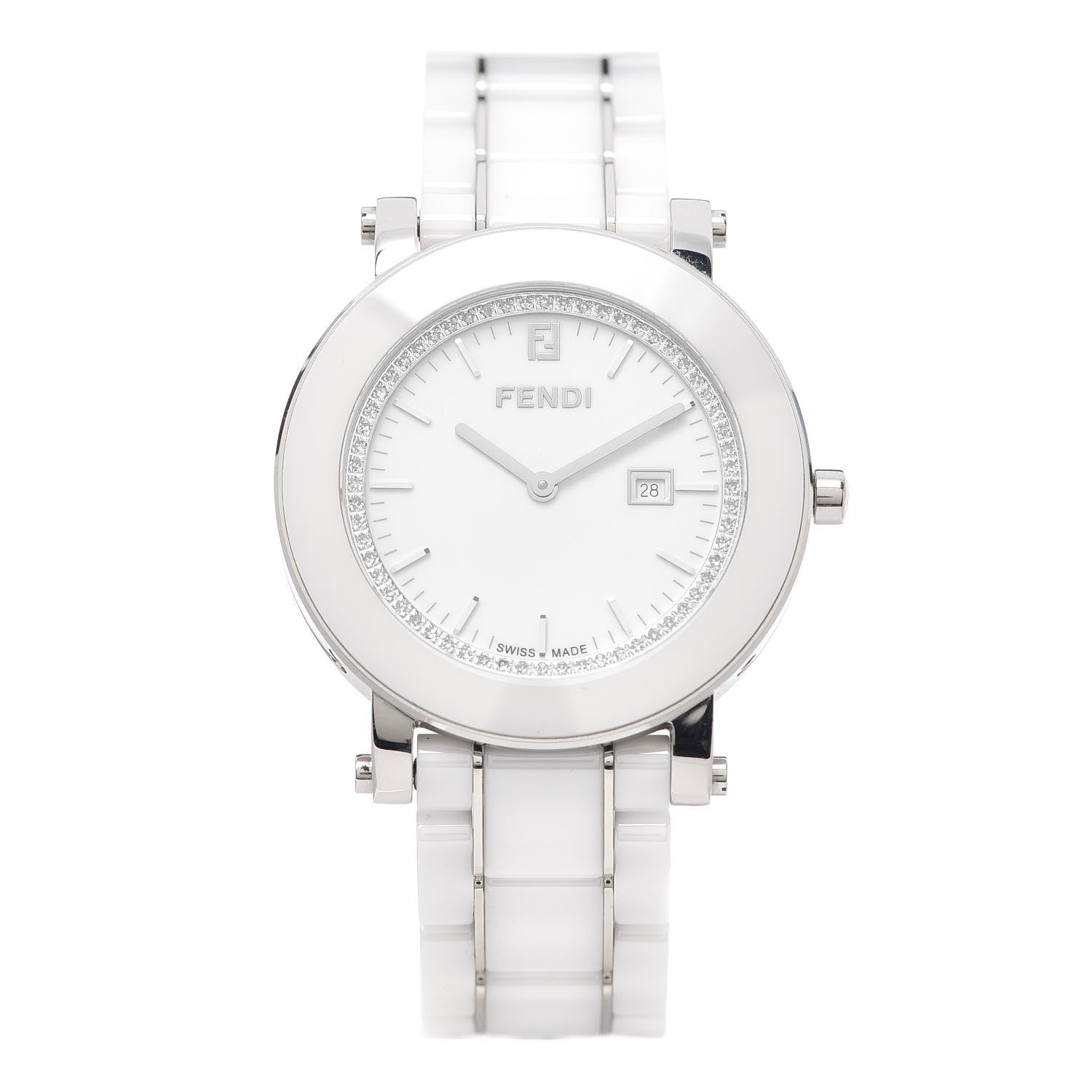 Fendi Stainless Steel Ceramic Diamond Bezel 38mm Round Quartz Watch White 1 of 12