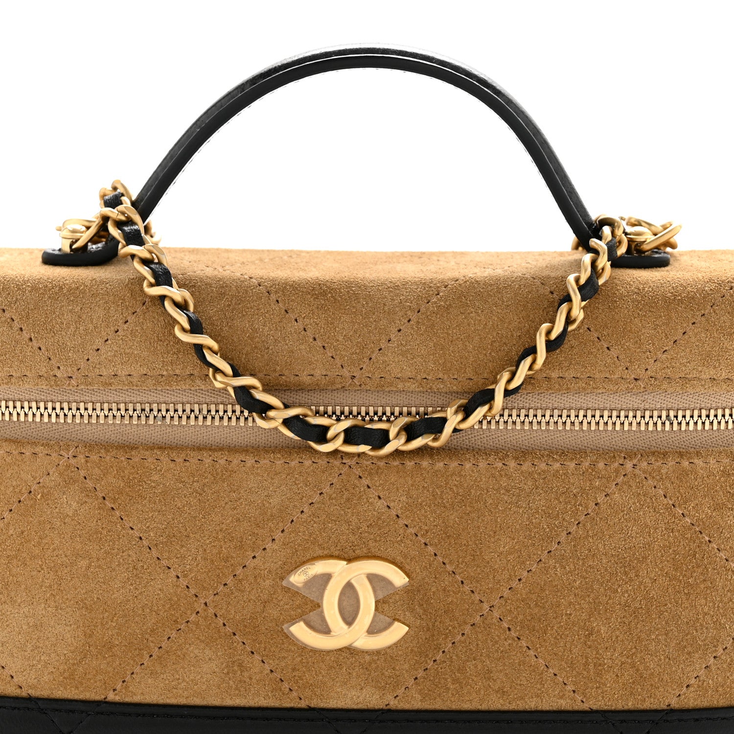 Chanel Suede Calfskin Shiny Lambskin Quilted Top Handle Slim Vanity Case With Chain Beige Black 8 of 11