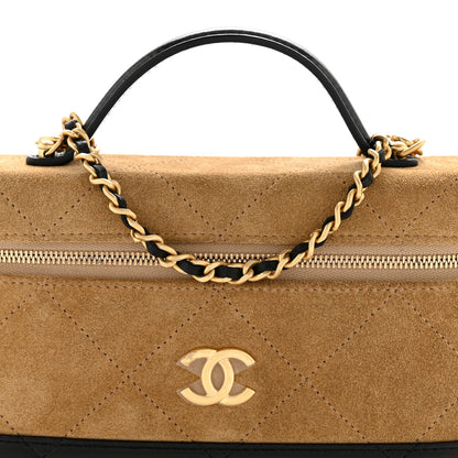 Chanel Suede Calfskin Shiny Lambskin Quilted Top Handle Slim Vanity Case With Chain Beige Black 8 of 11