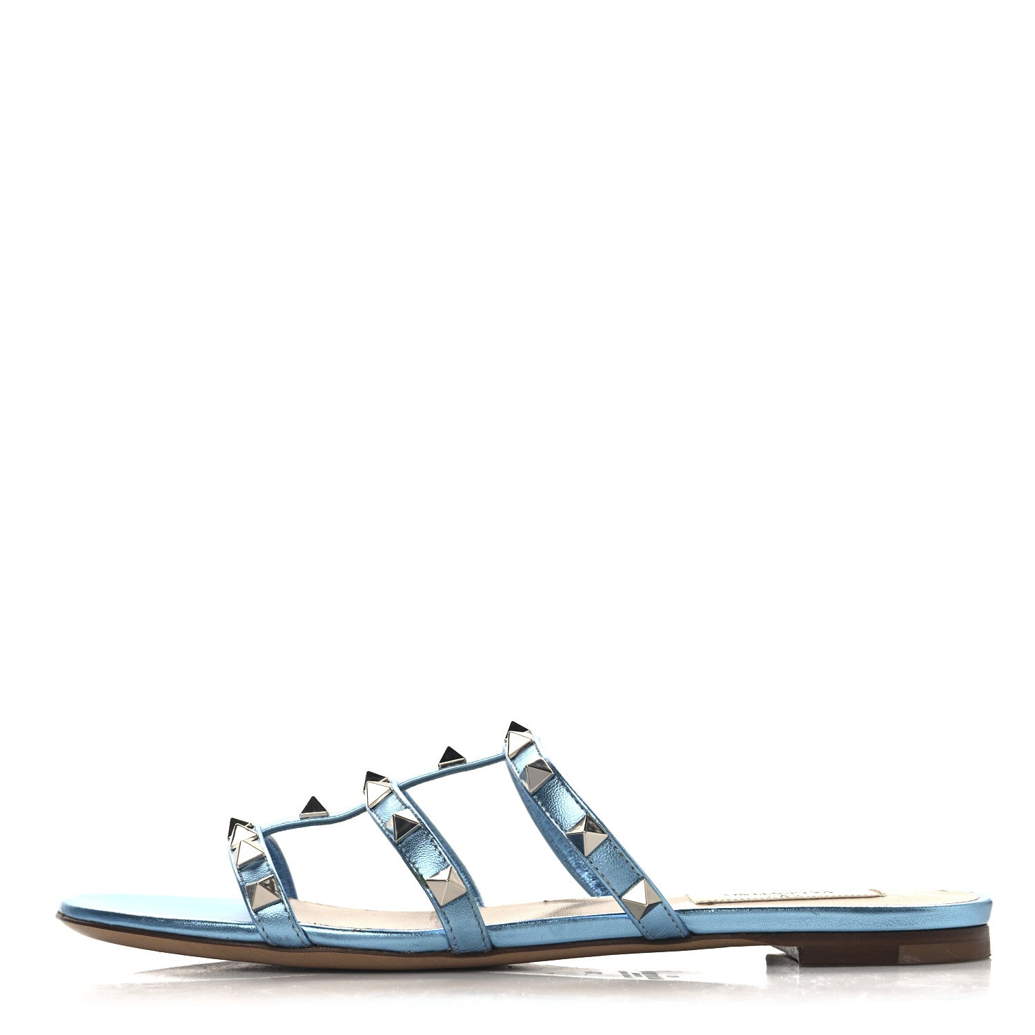 Valentino Garavani Metallic Nappa Rockstud Caged Flat Slide Sandals 37 Cerulean 1 of 11