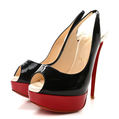 Christian Louboutin Patent Lady Peep Sling 150 Pumps 37 Black White 4 of 8