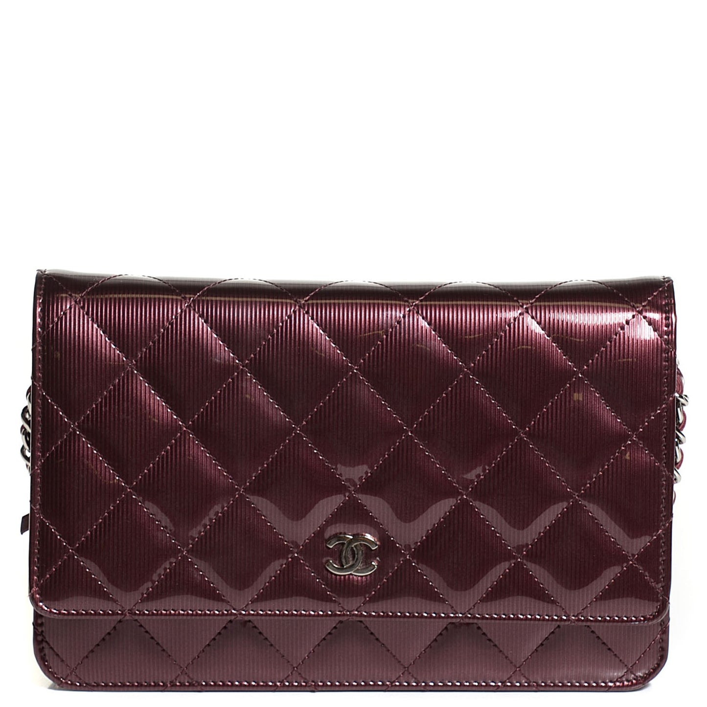 Striated Patent Quilted Wallet on Chain WOC Bordeaux