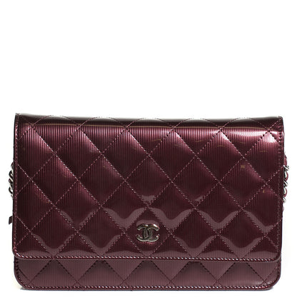 Chanel Striated Patent Quilted Wallet on Chain WOC Bordeaux 1 of 9