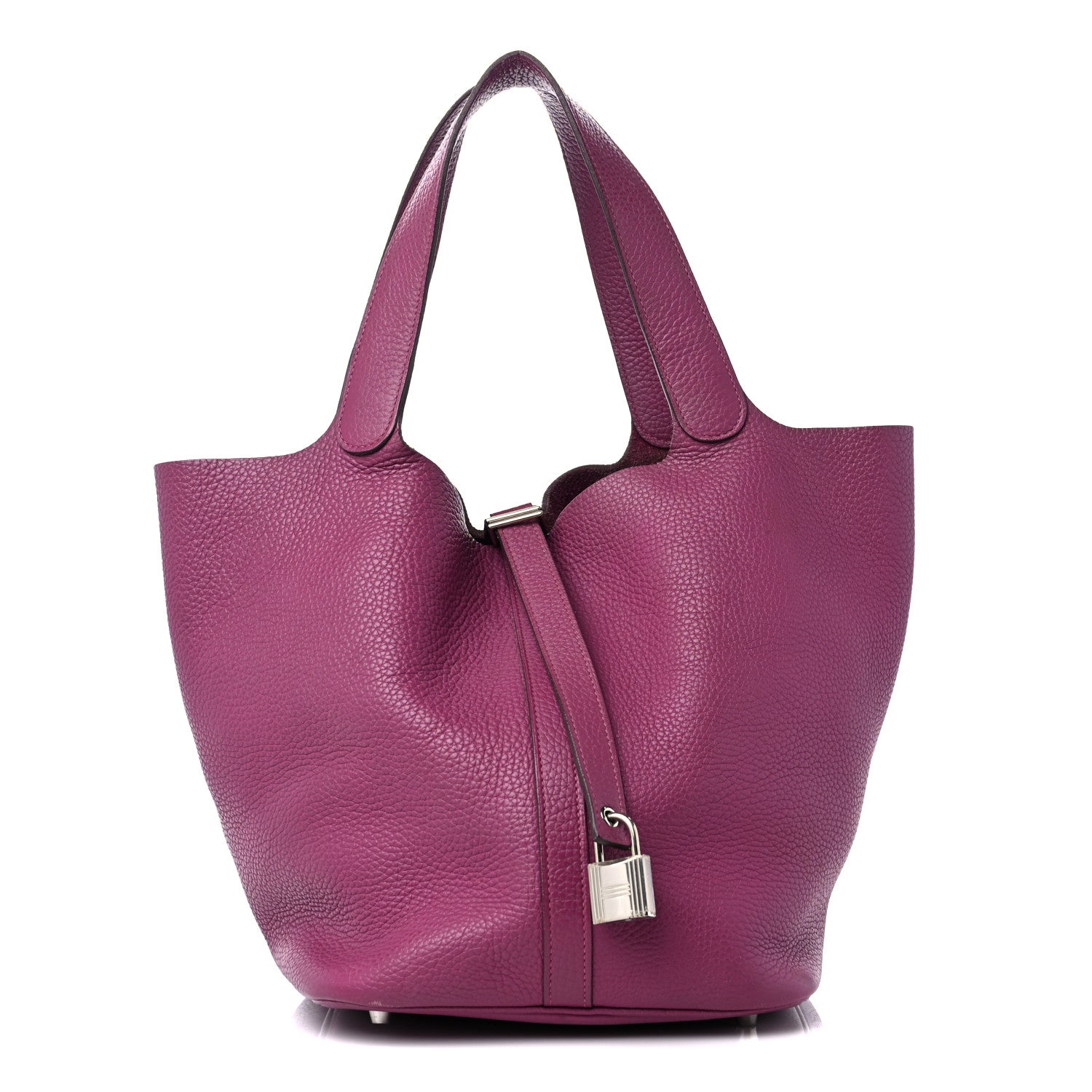 front view image of a HERMES Taurillon Clemence Picotin Lock 26 GM in the color Anemone by FASHIONPHILE